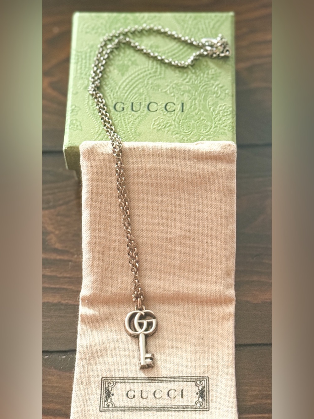Gucci Silver Key Pendant Necklace with Double G Motif